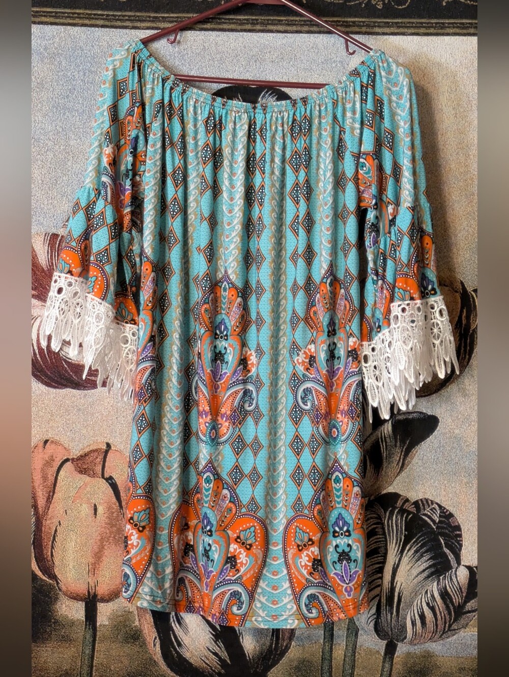 WinWin Turquoise & Orange Boho Off-Shoulder Tunic - Picture 2 of 3